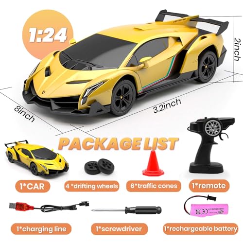 Remote Control Car 1:24 Licensed Lamborghini 2.4G RC Drift Car,yellow | rc car with LED Lights 2.4GHz 4WD 15KM/H Fast Speed Control Rechargeable Battery 800mah Birthday for Kids Boys 8-12 - color: Yellow