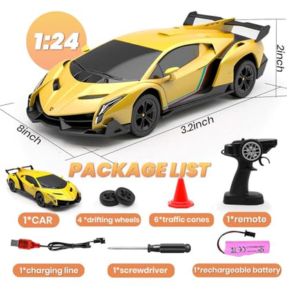 Remote Control Car 1:24 Licensed Lamborghini 2.4G RC Drift Car,yellow | rc car with LED Lights 2.4GHz 4WD 15KM/H Fast Speed Control Rechargeable Battery 800mah Birthday for Kids Boys 8-12 - color: Yellow
