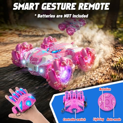 Gesture Sensing Remote Control Car Birthday Gift for Girl 3-12 | Double Sided RC Cars, Full-Body Light, 2.4GHz Hand Controlled, Rechargeable RC Stunt Car - color: Pink