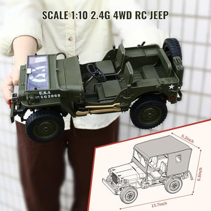 Remote Control Truck Off Road - 4x4 1/10 Scale Willys Army Rock Crawler RC Truck with Winch&Car Cover, 40Mins Play Time All Terrain Offroad RC Car, Military Vehicle Toys for Boys, Radio Controlled Car - color: Army Green