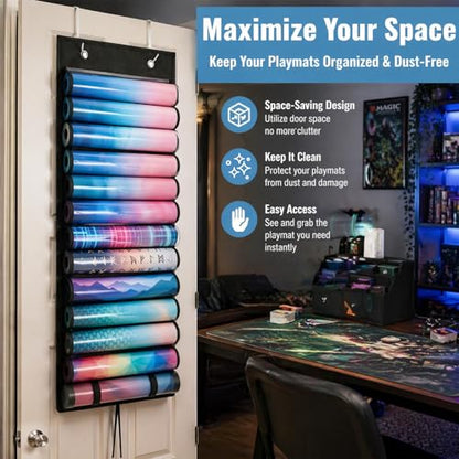 Playmat Tube Storage Bag - Portable Hangable Door Organizer Clear Slots Fits for 13 Card Game Storage Playmats Case for TCG/RPG Game Mat (13 Tubes)