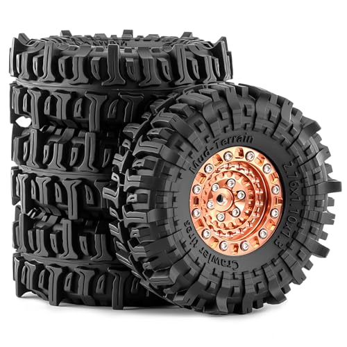 1.3" Beadlock Wheels and Tires for SCX24 TRX4M RC Crawler (Bronze) | CNC Aluminum Beadlock Wheels, Ultra-Soft Sticky Rubber Tires, Built-in Foam Inserts, 70*28mm - color: Bronze 370 F
