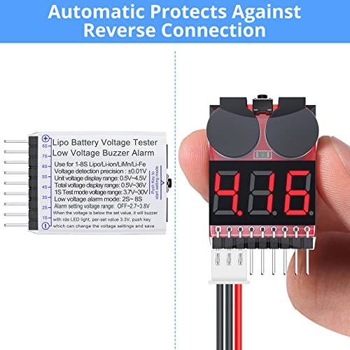 CAMWAY 5PCS 2in1 1-8s Lipo Battery Voltage Tester,RC Low Voltage Buzzer Alarm,Battery Monitor Checker Tester for 1-8s Lipo/Li-ion/LiMn/Li-Fe