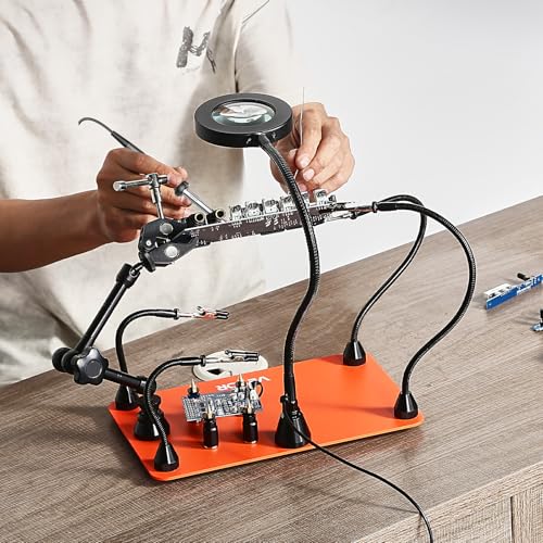 VEVOR Magnetic Helping Hands Soldering Station, Third Hand Soldering Tool with Gooseneck LED Magnifying Lamp, 4 PCB Holders & 360 Hot Air Gun Holder for Electronic Repair Craft Hobby - style: with Heat Gun Holder
