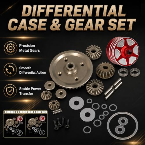 2 Sets Aluminum Differential Case & Gear 39T 22049 for Tamiya XV-02 MB-01 XM01 1/10 RC Car Upgrade Front Rear Gear Diff Replacement Hop-Up Parts, Red - color: Red