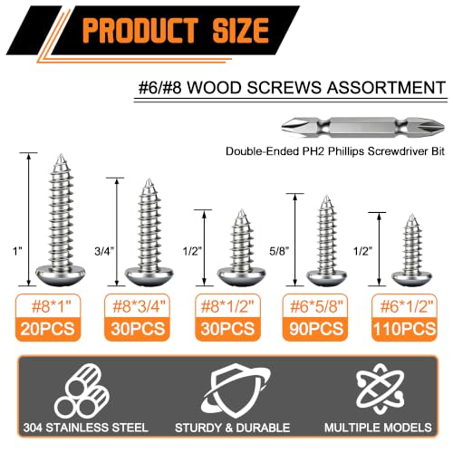 Dianrui 280 PCS 304 Stainless Steel Screws, #6#8 Wood Screws Assortment Kit, Assorted Sheet Metal Screws, ‌Phillips Drive Pan Head Assorted Sheet Metal Screws Marine Grade 1”,3/4”,5/8”,1/2” - size: 280PCS-SV