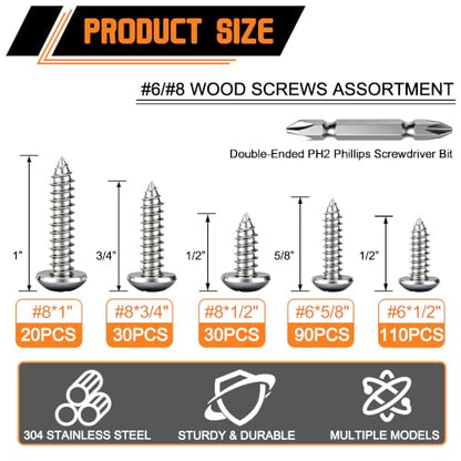 Dianrui 280 PCS 304 Stainless Steel Screws, #6#8 Wood Screws Assortment Kit, Assorted Sheet Metal Screws, ‌Phillips Drive Pan Head Assorted Sheet Metal Screws Marine Grade 1”,3/4”,5/8”,1/2” - size: 280PCS-SV