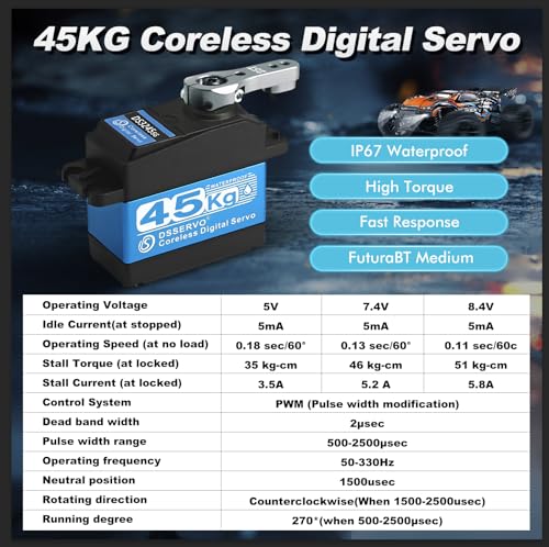 45KG Servo 1/10 Steering Servo High Torque Coreless RC Steering Servo Motor with Stainless Steel Gear Waterproof for 1/8, 1/10, 1/12 Scale Cars and DIY Projects (DS3245SG-270 Rotation) 5V-8.4V