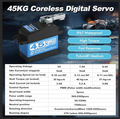 45KG Servo 1/10 Steering Servo High Torque Coreless RC Steering Servo Motor with Stainless Steel Gear Waterproof for 1/8, 1/10, 1/12 Scale Cars and DIY Projects (DS3245SG-270 Rotation) 5V-8.4V