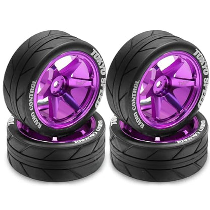 1/10 RC On Road Tires OD 65mm and Aluminum Street Wheels 12mm Hex Touring Tyres for 1:10 Rally Racing Drift Car Tamiya TT01 TT02 XV01 HPI KYOSHO HSP PTG2 Traxxas TA06 A959 PTG2 (Purple) - color: Purple