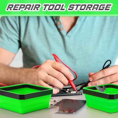 Barydat 10 Pcs Magnetic Tool Tray Collapsible Foldable Parts Trays Set Magnetic Screw Tray Magnetic Parts Bowl Square Silicone Magnetic Tool for Bolts Nuts Washers Pins Screw Parts (Green) - color: Green