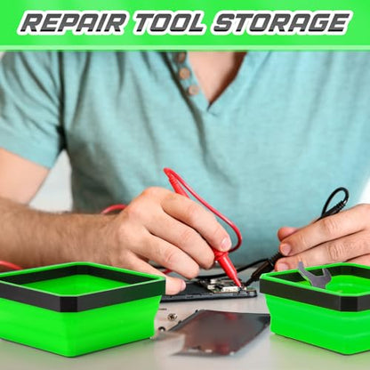 Barydat 10 Pcs Magnetic Tool Tray Collapsible Foldable Parts Trays Set Magnetic Screw Tray Magnetic Parts Bowl Square Silicone Magnetic Tool for Bolts Nuts Washers Pins Screw Parts (Green) - color: Green