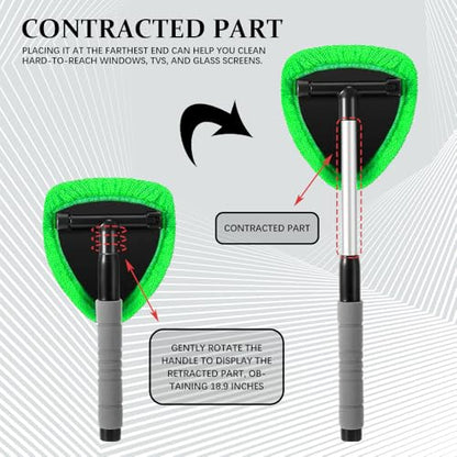 19" Extra-Long Windshield Cleaner Tool & Car Interior Detailing Kit | Extendable Handle and 4 Reusable Microfiber Pads, Streak & Lint-free, Auto Glass Wiper Brush for Car & Home - color: Green