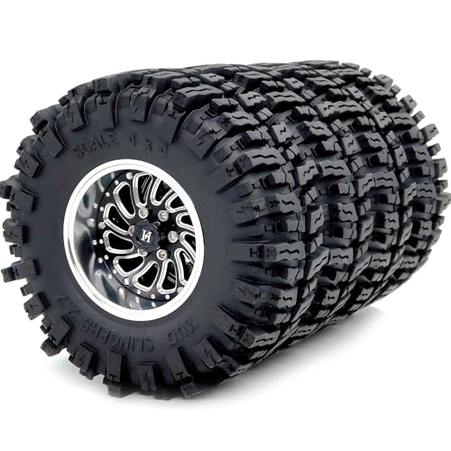 Adjustable Offset 2.2 Beadlock Wheels and Tires Set, 124mm Tall Mud Slingers 2.2 Tires and Wheels for RC Crawler Gen8 Everest 10 SCX10 Capra Upgrades,HS701584 - color: Silver & Black