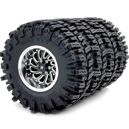 Adjustable Offset 2.2 Beadlock Wheels and Tires Set, 124mm Tall Mud Slingers 2.2 Tires and Wheels for RC Crawler Gen8 Everest 10 SCX10 Capra Upgrades,HS701584 - color: Silver & Black