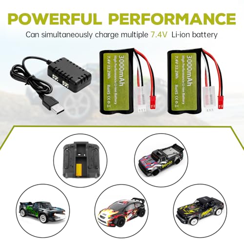 sea jump 2PCS 7.4V 3000mah 15C 2S Li-ion Battery with JST-2P Plug and 2in1 Charger for UDIRC UD1601 UD1602 SG1603 RC Car 1/10, 1/12, 1/16 Ratio RC Car Truck RC Ship Drone Engineering Vehicle Battery