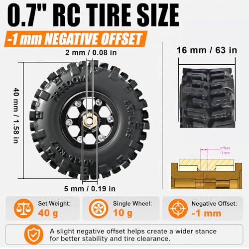 0.7” FS6 Super Soft Rubber Tires & CNC -1mm Offset Aluminum Beadlock Rims, 40×16mm Micro Crawler Wheels Tires Set for Axial SCX30 Redcat Ascent-32 1/30–1/32 RC Crawler, 4PCS Black - color: Black