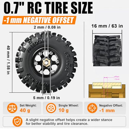0.7” FS6 Super Soft Rubber Tires & CNC -1mm Offset Aluminum Beadlock Rims, 40×16mm Micro Crawler Wheels Tires Set for Axial SCX30 Redcat Ascent-32 1/30–1/32 RC Crawler, 4PCS Black - color: Black