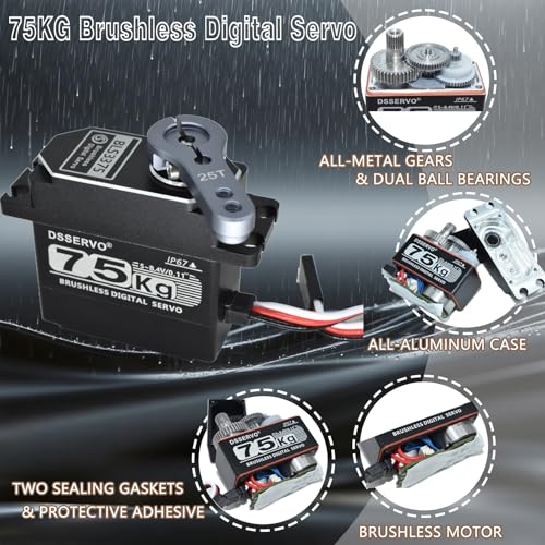 75KG Brushless Servo IP68 Underwater Waterproofing High Voltage High Torque Steering Digital RC Servo All Aluminum Case for 1/8 1/10 RC Car Crawler Off-Road Truck Buggy Robot Boat 270 Degree