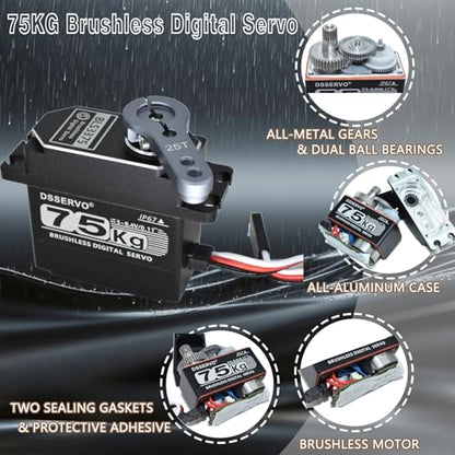 75KG Brushless Servo IP68 Underwater Waterproofing High Voltage High Torque Steering Digital RC Servo All Aluminum Case for 1/8 1/10 RC Car Crawler Off-Road Truck Buggy Robot Boat 270 Degree