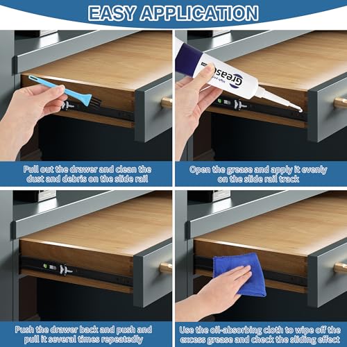 Drawer Slide Grease 3.38oz Multi-Purpose Lubricant for Cabinet Slides, Door Hinges, Bearings, Gears, Garage Doors and Window Tracks, With Cleaning Cloth, Tapered Applicator and Brush