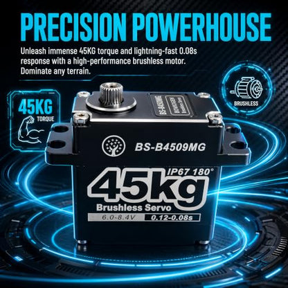 45KG Servo Large Torque HV Full Metal Gear IP67 Waterproof Steering Brushless Digital Servo with 25T Servo Horn for 1/6 1/8 1/10 RC Car Parts (BS-B4509MG-180 Degree) - color: Bs-b4509mg-180 Degree