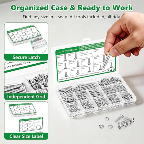 466 Pcs M3 Hex Button Cap Screws Nuts Washers Wrench Kit, 304 SS | (6mm-40mm) with 2 Hex Wrenches, Metric Fastener Set for 3D Printing & Machinery DIY Repair,Clear Label Storage Box - size: SS M2 466pcs 2