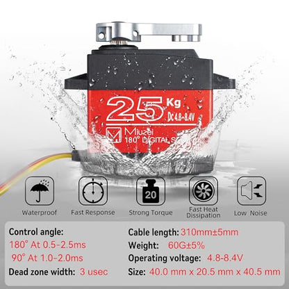 25KG Servo Motor High Torque Metal Gear for 1/10 1/8 RC Car 4 Pack | 27.5kg.cm Torque & 0.13s/60° Speed @8.4V, 180 Degree Digital Waterproof Standard Steering with 25T Horn for RC Crawler Robot