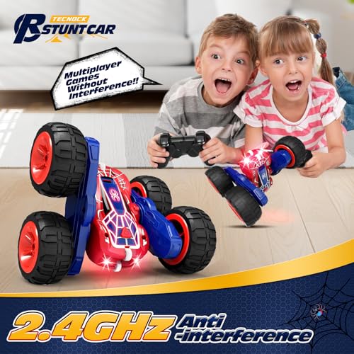 Tecnock Spider Remote Control Car, 2.4GHz RC Cars with USB-C Easy Charging, 4WD Double Sided 360° Rotates & Flips RC Stunt Car, Toys Gift for Boys and Girls Ages 6-8, 8-12 - color: Red