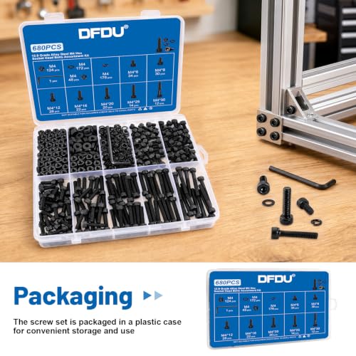 680Pcs M4 Screw Hex Socket Head Cap Bolt Kit 6-30mm 12.9 Alloy Steel | Black Zinc-Plated Metric Allen Bolts Nuts Flat Spring Washers Allen Wrench Assorted Hardware for DIY, 3D Printing Furniture - size: G12.9 M4 680PCS