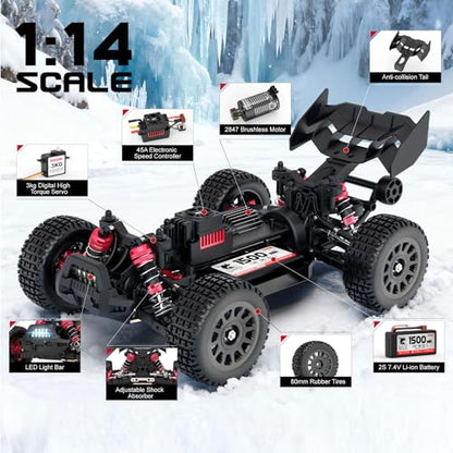 Hosim Brushless RC Buggy for Adults and Kids 60KM/H, 1/14 Electric High Speed All Terrain Remote Control Car, Hobby RC Trucks 4x4 Off Road RC Car, Waterproof RC Vehicle for Snow/Sand/Beach Age 8+