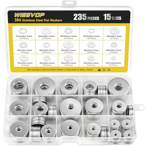 235Pcs Fender Washers, 304 Stainless Steel Flat Washers Assortment Kit, 15 Different Sizes M3 M4 M5 M6 M8 M10 M12 Metal Washers for Screws Bolts Hardware for Various Home Industrial Automotive - size: 15 Sizes 235 Pieces