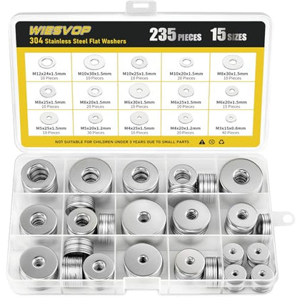 235Pcs Fender Washers, 304 Stainless Steel Flat Washers Assortment Kit, 15 Different Sizes M3 M4 M5 M6 M8 M10 M12 Metal Washers for Screws Bolts Hardware for Various Home Industrial Automotive - size: 15 Sizes 235 Pieces