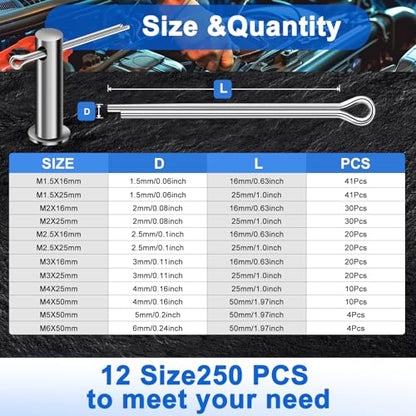 250PCS Cotter Pin Assortment Kit, 12 Sizes, 304 Stainless Steel, Hardware Pins for Trailer, Truck, Tractor, Automotive, Hitch and Locking Systems - size: 250Pcs - 12 Sizes