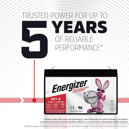 Energizer EN7-6, 6 Volt 7 Amp Hr, Long Lasting Sealed Lead Acid AGM Rechargeable Battery Ideal for Use in Emergency Illumination, Backup Power, Kids Ride On, and More