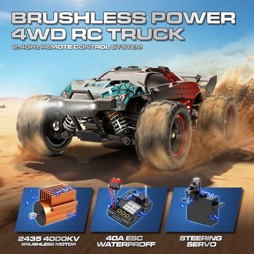Brushless RC Cars 1:18 Remote Control Car for Adults & Boys, 50+KPH High Speed Fast 4WD Off-Road RC Truck, 4X4 RC Car Waterproof with 2 Rechargeable Batteries (HS18426) - color: Red2
