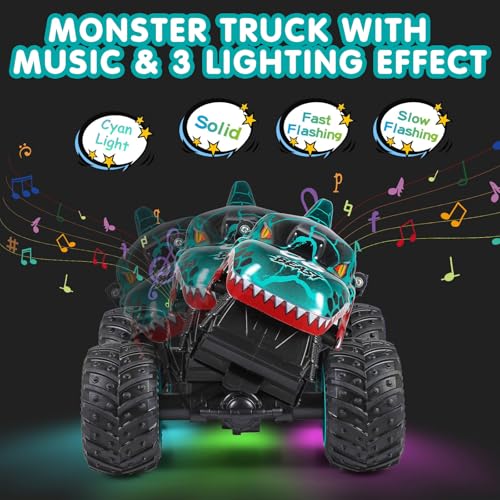 DYODYORC Remote Control Car, 2.4Ghz All Terrain Dinosaur Monster Truck Toys, RC Truck with Music, 3 Lighting Effects, 360 Stunt Capable, 2 Batteries Ready to Run, Toy Gifts for Boys and Girls (Cyan) - color: Cyan Dinosaur