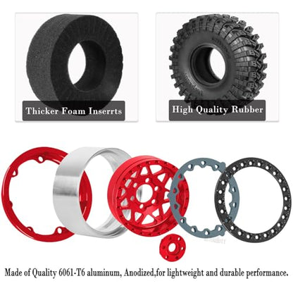 RC 1.9" Beadlock Wheel Tires Set 1.9 Beadlock Wheels and Tires for 1/10 SCX10 90046 AXI03007 TRX4 TRX6 VS4-10 Gen7 Gen8 MST CFX D90 RC Crawler Car,Aluminium 1.9 Rims w/Wheels Ring,Red - color: Red- (Wheel Tires)