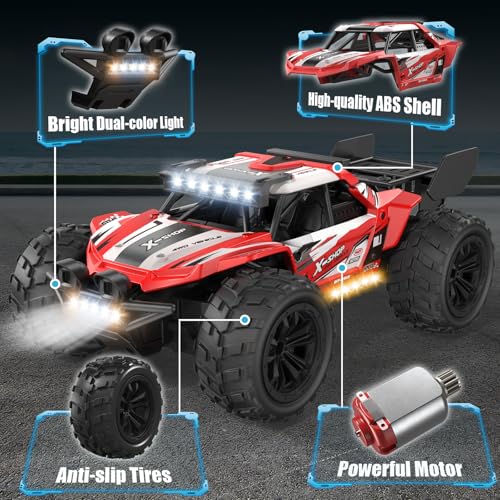 Remote Control Car, 4WD High Speed 30+KPH RC Cars for Boys Age 8-12, 2.4GHz RC Monster Truck Toys, 1:18 RC Truck with 2 Rechargeable Batteries & LED Lights, Birthday Gifts for Adults Kids