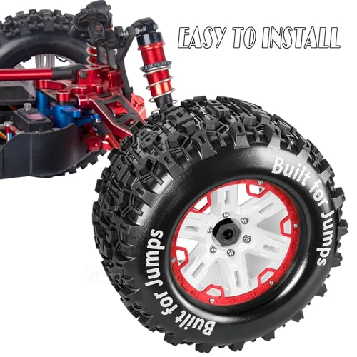 RC Wheels and Tires Set(4PCS) for 1/8 1/10 Monster Truck Tires,Traxx as/Arrm a 6S/Summi t/E Rveo/T-Maxx RC Off-Road etc,17mm Hex Tire and Wheels/Plastic Rims,Red and White - color: Red and White-(wheels Tires)
