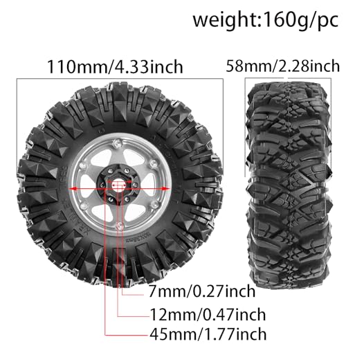 STMU Negative Offset 10.4mm 1.9 Beadlock Wheel Rims Aluminum and 1.9 RC Crawler Tires 4.33 Inch OD Foam Inserts for Traxxas TRX4 Axial SCX10 SCX10 II III RBX10 Redcat Gen 8 (Silvery) - color: Silvery