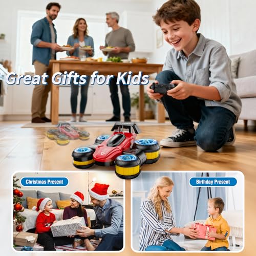 Remote Control Car RC Stunt Cars Toy Gifts - High-Speed Drift 360 Flips Four-Sided Driving Rotating Twist 4WD Offroad Vehicle for Kids Boy Girl Birthday Presents Ages 5 6 7 9 10 11 12 Years Old Red - color: Red
