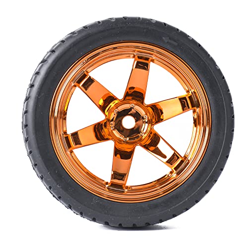 4PCS RC Car Rubber Tires and Plastic Wheels Rims Compatible with 1/10 Scale On Road Touring Racing Flat Drift Car for HSP HPI Tamiya (Orange) - color: Orange