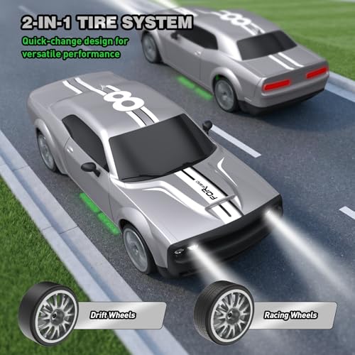 Remote Control Car 4WD 1:20 RC Drift Car 20KM/H 2.4GHz | Racing Car with 2 Rechargeable Batteries, LED Lights, 50 Min Play Time RC Cars Toys Gifts for Boys Girls Kids Adults -Silver - color: Silver