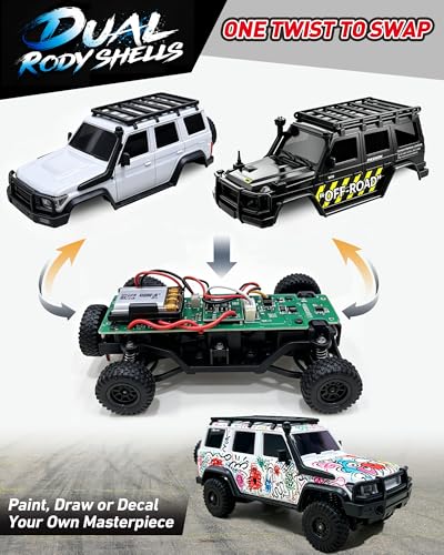ARRIS 1/43 Micro Desktop RC Crawler 4WD with Full Proportional Control | App Control, Independent Suspension, Two Body Shells, LED Lights, Mini Off-Road Fun - color: Black