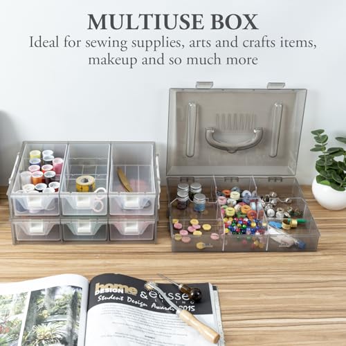 MyGift 11 Inch Smoke Gray Transparent Arts and Crafts Sewing Supplies Storage Organizer Case with White Accents, 24 Customizable Compartments, and 6 Drawers with Removable Dividers - color: Grey