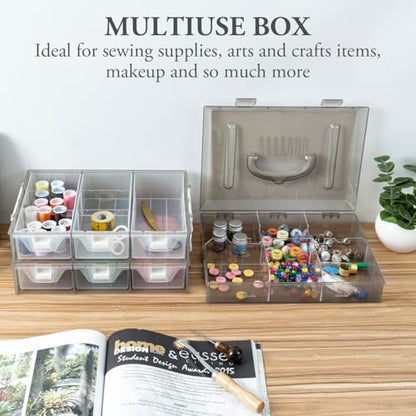 MyGift 11 Inch Smoke Gray Transparent Arts and Crafts Sewing Supplies Storage Organizer Case with White Accents, 24 Customizable Compartments, and 6 Drawers with Removable Dividers - color: Grey