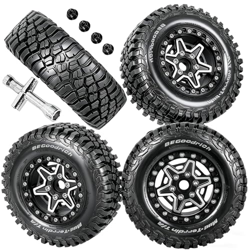RC 1.9" Beadlock Wheels and Tires Set for 1/12 M-J-X H12Y H12Y+ H12P MN-128 RC Crawler,Wheels Tire OD 90MM/3.54",Aluminium Wheel Rims (4PCS),1.9" Beadlock Wheel Tires,Black - color: Black- (Wheel Tires)