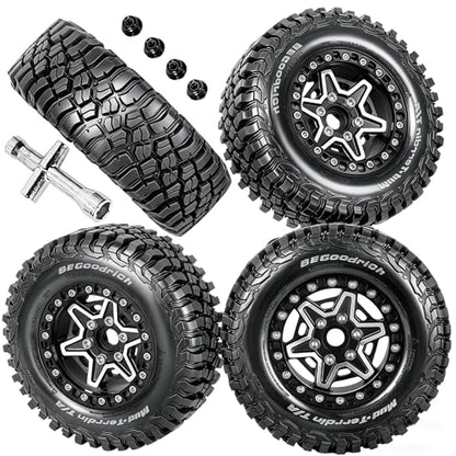RC 1.9" Beadlock Wheels and Tires Set for 1/12 M-J-X H12Y H12Y+ H12P MN-128 RC Crawler,Wheels Tire OD 90MM/3.54",Aluminium Wheel Rims (4PCS),1.9" Beadlock Wheel Tires,Black - color: Black- (Wheel Tires)