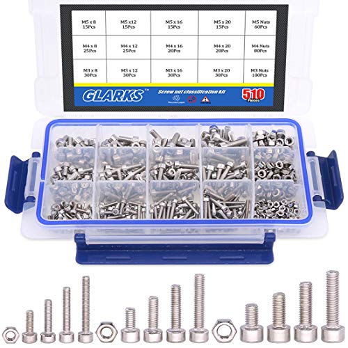 Glarks 510Pcs M3 M4 M5 304 Stainless Steel Hex Socket Head Cap Screws with Nuts Assortment Kit - size: Hex Socket Head Cap Screws Set